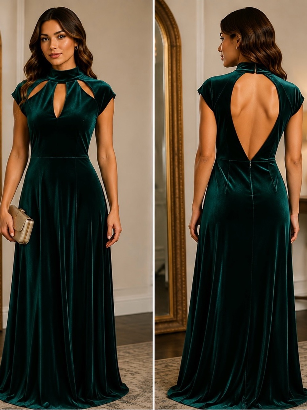 MARINA Green Velvet Maxi Gown with Keyhole Neckline Party Wedding Formal Fall 10
